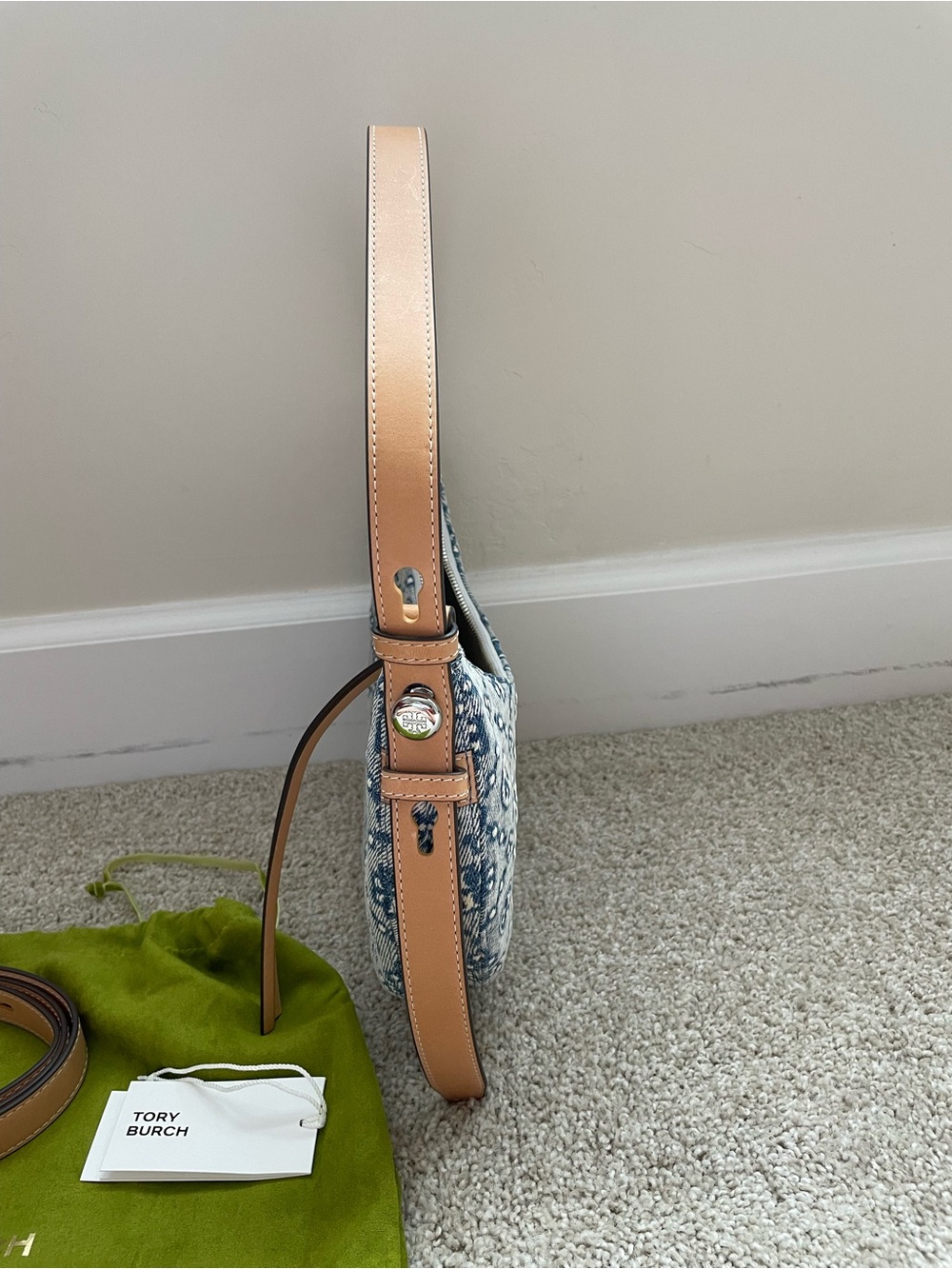 Tory Burch Romy Denim Half Moon Shoulder Bag with ith crossbody strap - Picture 6 of 14